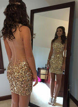 Sheath/Column Scoop Neck Tulle Sleeveless Sequined Short/Mini Homecoming Dresses With Beading Sequins