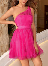 A-Line/Princess One Shoulder Tulle Sleeveless Short/Mini Homecoming Dresses With Pleated