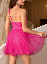 A-Line/Princess One Shoulder Tulle Sleeveless Short/Mini Homecoming Dresses With Pleated