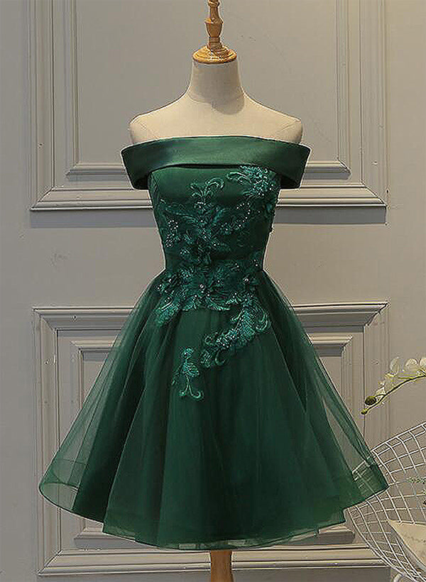 A-line Off-the-Shoulder  short sleeves Tulle Satin Short/Mini Homecoming Dress With Appliques Lace Beading
