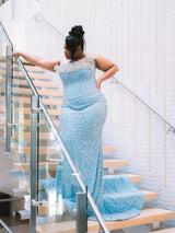 Glamorous Blue Strapless Sleeveless Mermaid Wedding Dresses Sheath Long With Gem