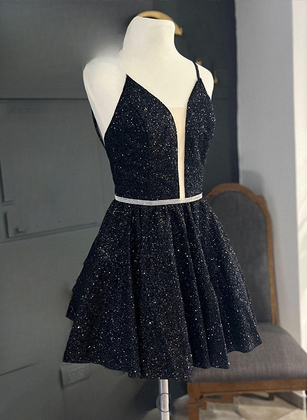 A-Line V-neck Sleeveless Short/Mini Sequined Homecoming Dresses