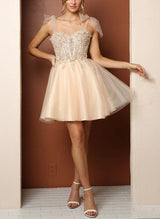 A-Line Sweetheart Sleeveless Short/Mini Tulle Homecoming Dresses With Appliques Lace