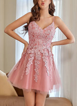 A-Line V-neck Sleeveless Short/Mini Tulle Homecoming Dresses With Appliques Lace