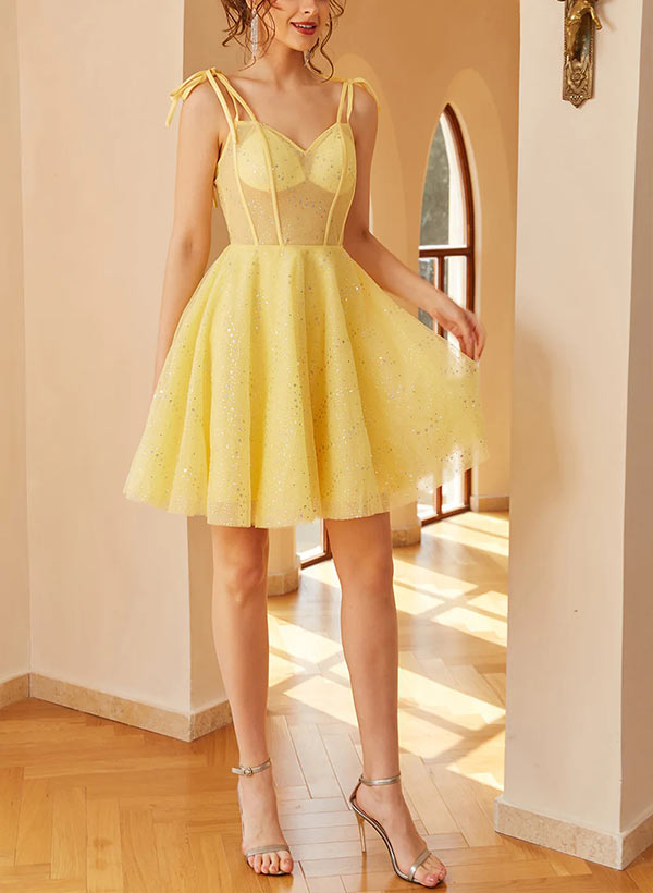A-Line V-neck Long Sleeves Short/Mini Tulle Homecoming Dresses