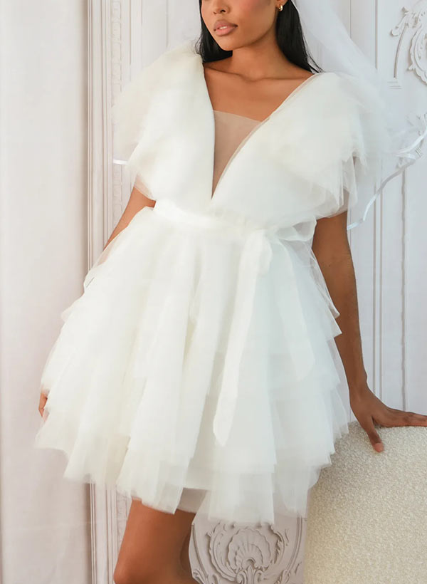 A-Line V-neck Short Sleeves Short/Mini Tulle Homecoming Dresses