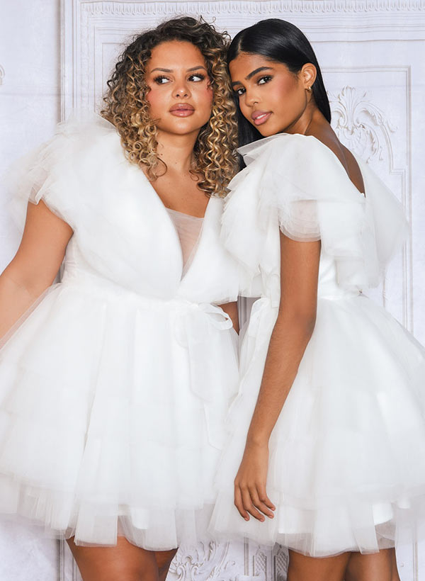 A-Line V-neck Short Sleeves Short/Mini Tulle Homecoming Dresses