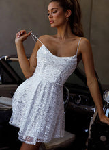A-Line Cowl Neck Sleeveless Short/Mini Sequined Homecoming Dresses