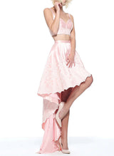 A-Line Two Pieces Sweetheart Asymmetrical Lace/Satin Homecoming Dresses