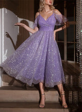 A-Line V-Neck Short Sleeves Tea-Length Homecoming Dresses