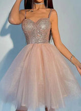 A-Line Sweetheart Sleeveless Short/Mini Tulle/Sequined Homecoming Dresses