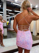 Sheath V-Neck Sleeveless Short/Mini Sequined Homecoming Dresses With Split Front