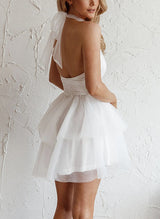 A-Line High Neck Sleeveless Short/Mini Tulle Homecoming Dresses With Ruffle