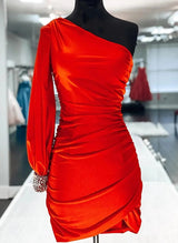 Sheath/Column One-Shoulder Long Sleeves Short/Mini Satin Homecoming Dresses