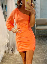 Sheath/Column One-Shoulder Long Sleeves Short/Mini Satin Homecoming Dresses