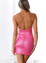 Sheath One-Shoulder Sleeveless Short/Mini Sequined Homecoming Dresses With Split Front
