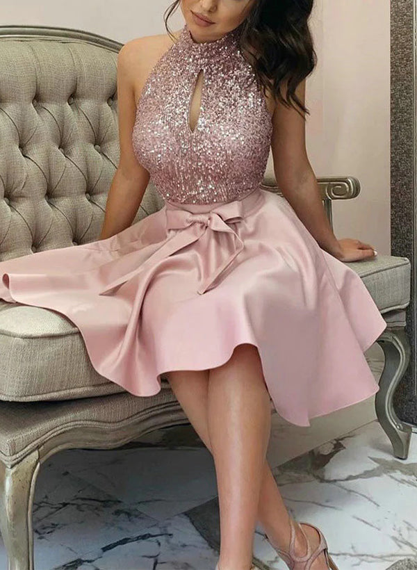 A-Line Halter Short/Mini Satin/Sequined Homecoming Dresses With Bow(s)