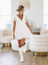 A-Line V-Neck Sleeveless Short/Mini Tulle Homecoming Dresses With Cascading Ruffles