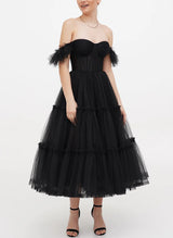 A-Line Sweetheart Sleeveless Tea-Length Tulle Homecoming Dresses