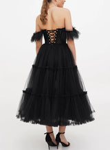 A-Line Sweetheart Sleeveless Tea-Length Tulle Homecoming Dresses