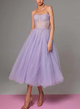 A-Line Sweetheart Sleeveless Tea-Length Tulle Homecoming Dresses