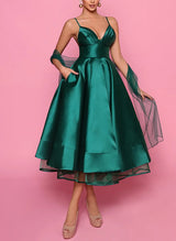 A-Line V-Neck Sleeveless Satin/Tulle Homecoming Dresses With Pockets