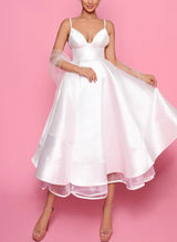 A-Line V-Neck Sleeveless Satin/Tulle Homecoming Dresses With Pockets