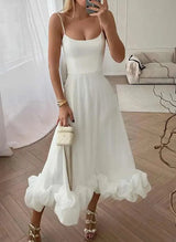 A-Line Square Neckline Sleeveless Tea-Length Elastic Satin Homecoming Dresses