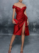 Sheath/Column Off-The-Shoulder Satin Homecoming Dresses With Split Front
