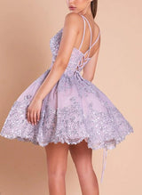 Ball-Gown V-Neck Sleeveless Short/Mini Lace/Tulle Homecoming Dresses