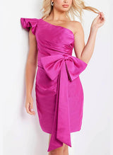 Sheath/Column One-Shoulder Short/Mini Satin Homecoming Dresses With Bow(s)