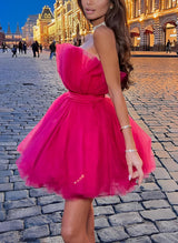 Barbie Pink A-Line Sleeveless Short/Mini Tulle Homecoming Dresses