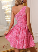 A-Line One-Shoulder Sleeveless Short/Mini Sequined Homecoming Dresses