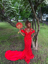 Dazzling Red Sweetheart Off-The-Shoulder Straps Wedding Dresses Mermaid Column With Lace-Up Back