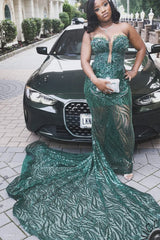 Romantic Emerald Green Strapless Sleeveless Mermaid Wedding Dresses Sheath Long With Lace-Up Back