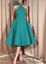 Ball-Gown Halter Sleeveless Satin(Non-Stretch) Homecoming Dresses With Bow(s)