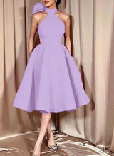 Ball-Gown Halter Sleeveless Satin(Non-Stretch) Homecoming Dresses With Bow(s)