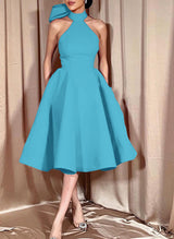 Ball-Gown Halter Sleeveless Satin(Non-Stretch) Homecoming Dresses With Bow(s)