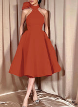 Ball-Gown Halter Sleeveless Satin(Non-Stretch) Homecoming Dresses With Bow(s)