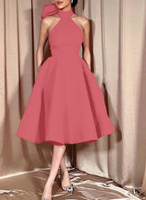 Ball-Gown Halter Sleeveless Satin(Non-Stretch) Homecoming Dresses With Bow(s)