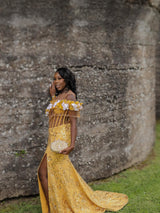 Glamorous Yellow Off-The-Shoulder Short Sleeves Mermaid Wedding Dresses Beads With High Split