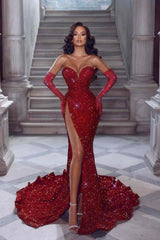 Dazzling Burgundy Sweetheart Strapless Sequin Wedding Dresses Mermaid Sheath Long With Side Split