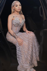 Sparkling V-Neck Strapless Sleeveless Mermaid Wedding Dresses Column Long With Gem