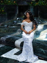 Glamorous Off-The-Shoulder Short Sleeves Mermaid Wedding Dresses Floor Length With Gem