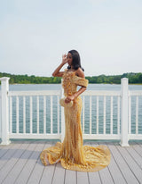 Sparkling Gold V-Neck Off-The-Shoulder Mermaid Wedding Dresses Column Long Pearl With Beads