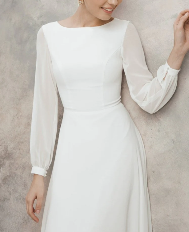 Elegant Wedding Dresses A-Line Jewel Neck Long Sleeves Ankle-Length Zipper Chiffon Bridal Gown