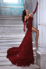 Dazzling Burgundy Sweetheart Strapless Sequin Wedding Dresses Mermaid Sheath Long With Side Split
