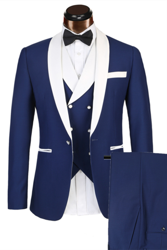 3 Piece Gorgeous White Lapel Edge Banding Formal Blue Men's Suit For Wedding