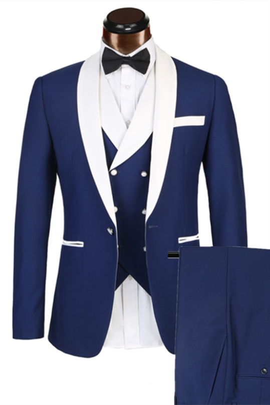 3 Piece Gorgeous White Lapel Edge Banding Formal Blue Men's Suit For Wedding-Dbrbridal