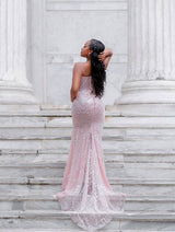 Romantic Strapless Sleeveless Mermaid Wedding Dresses Column Gem With Lace-Up Back